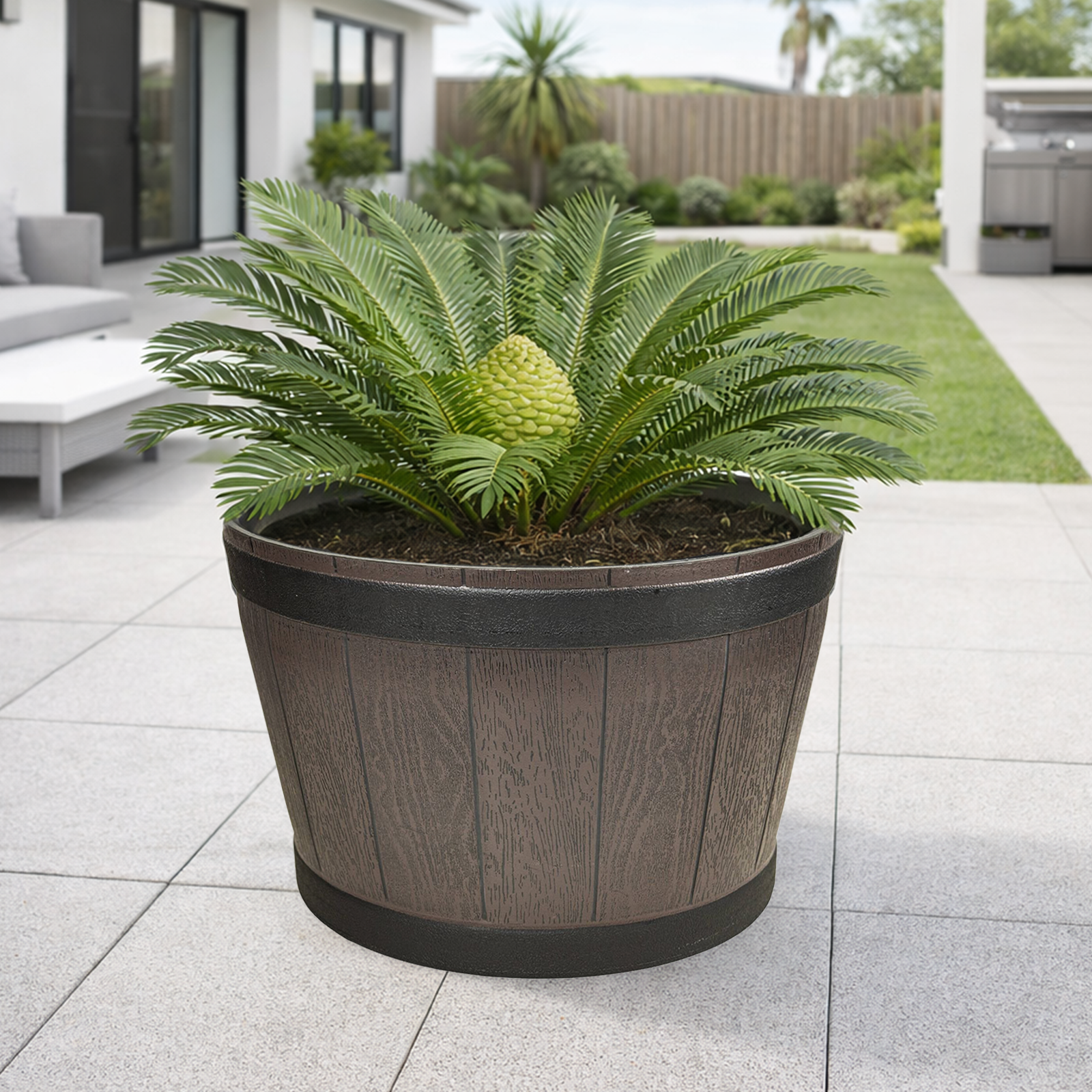 Eden large resin whiskey barrel planter for outdoor gardens and feature plants