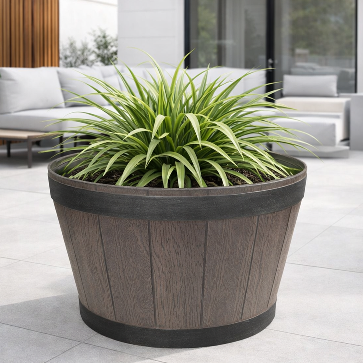 Eden large resin whiskey barrel planter for outdoor gardens and feature plants
