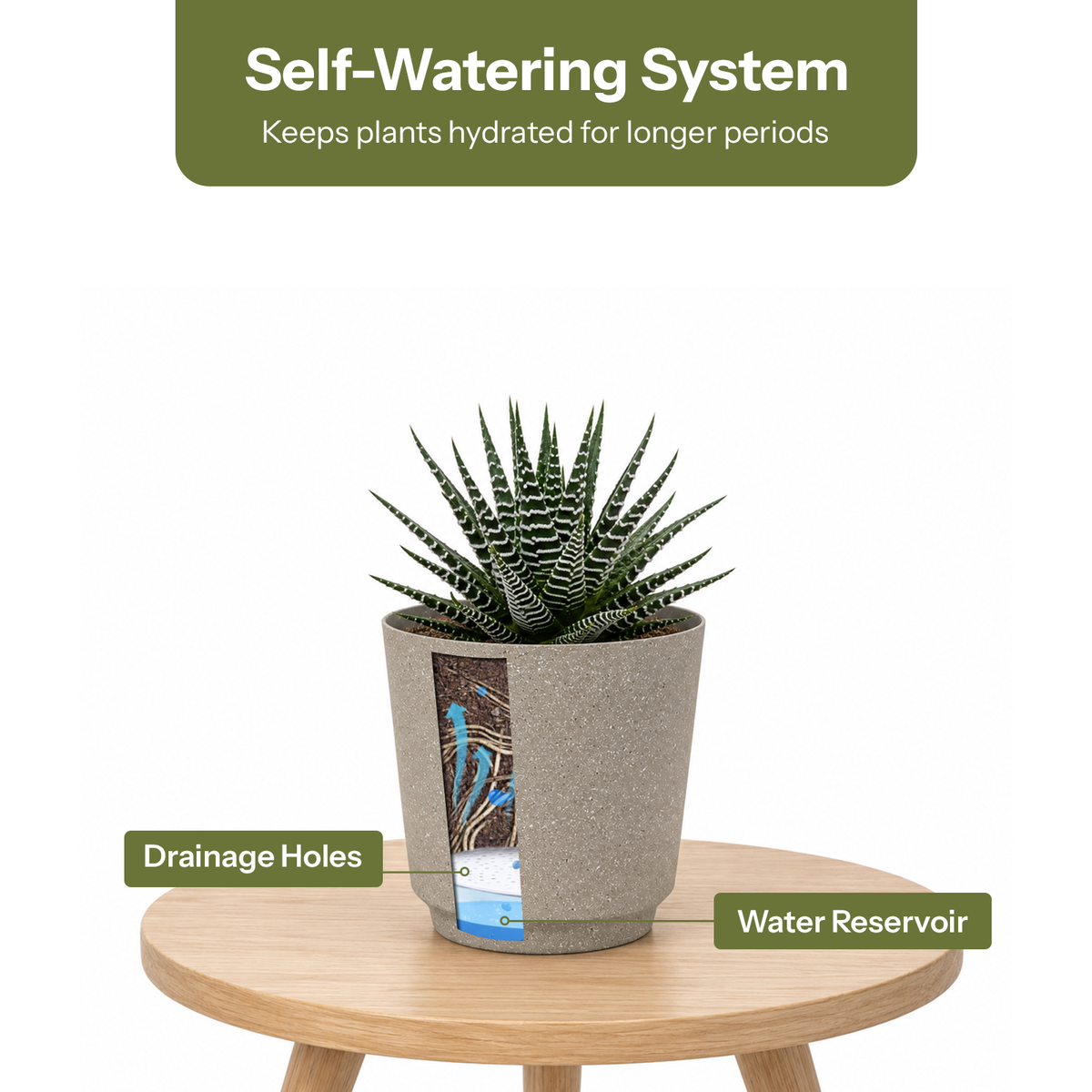 Eden beige round Stonelite self-watering pot for indoor and outdoor plants