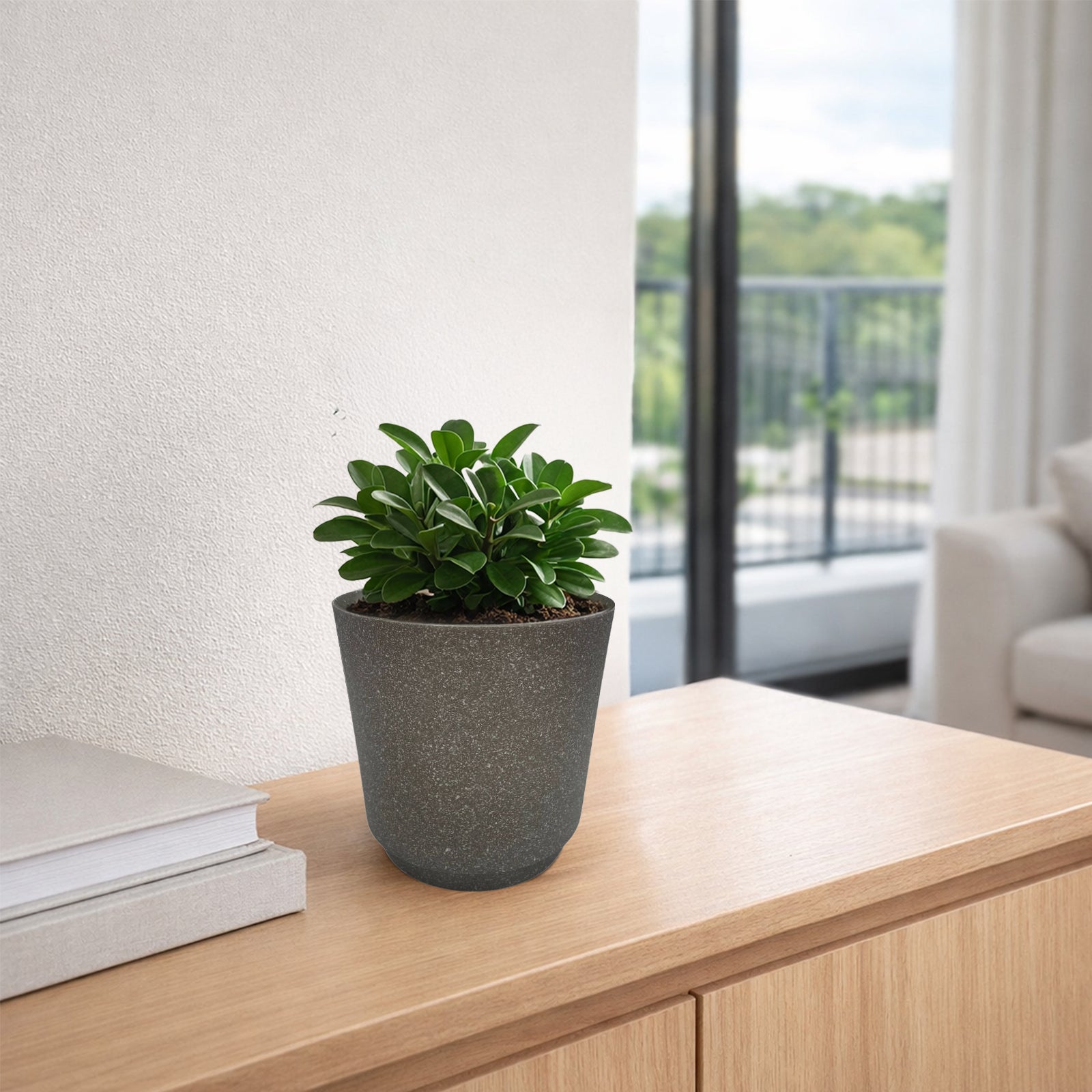 Eden 18cm Round Stonelite Self-Watering Plastic Pot Brown