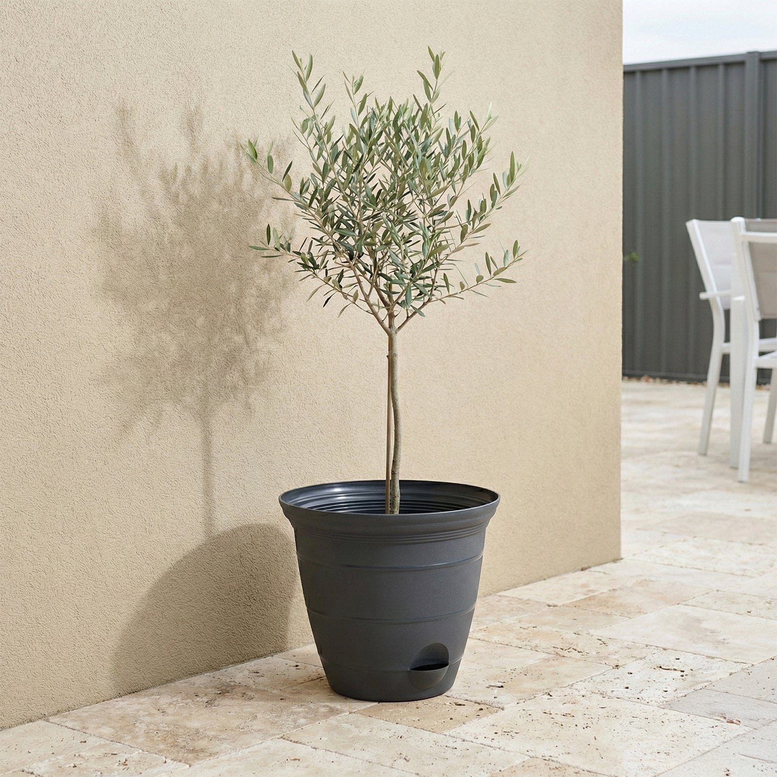 Eden large charcoal Roman self-watering planter for patios and gardens