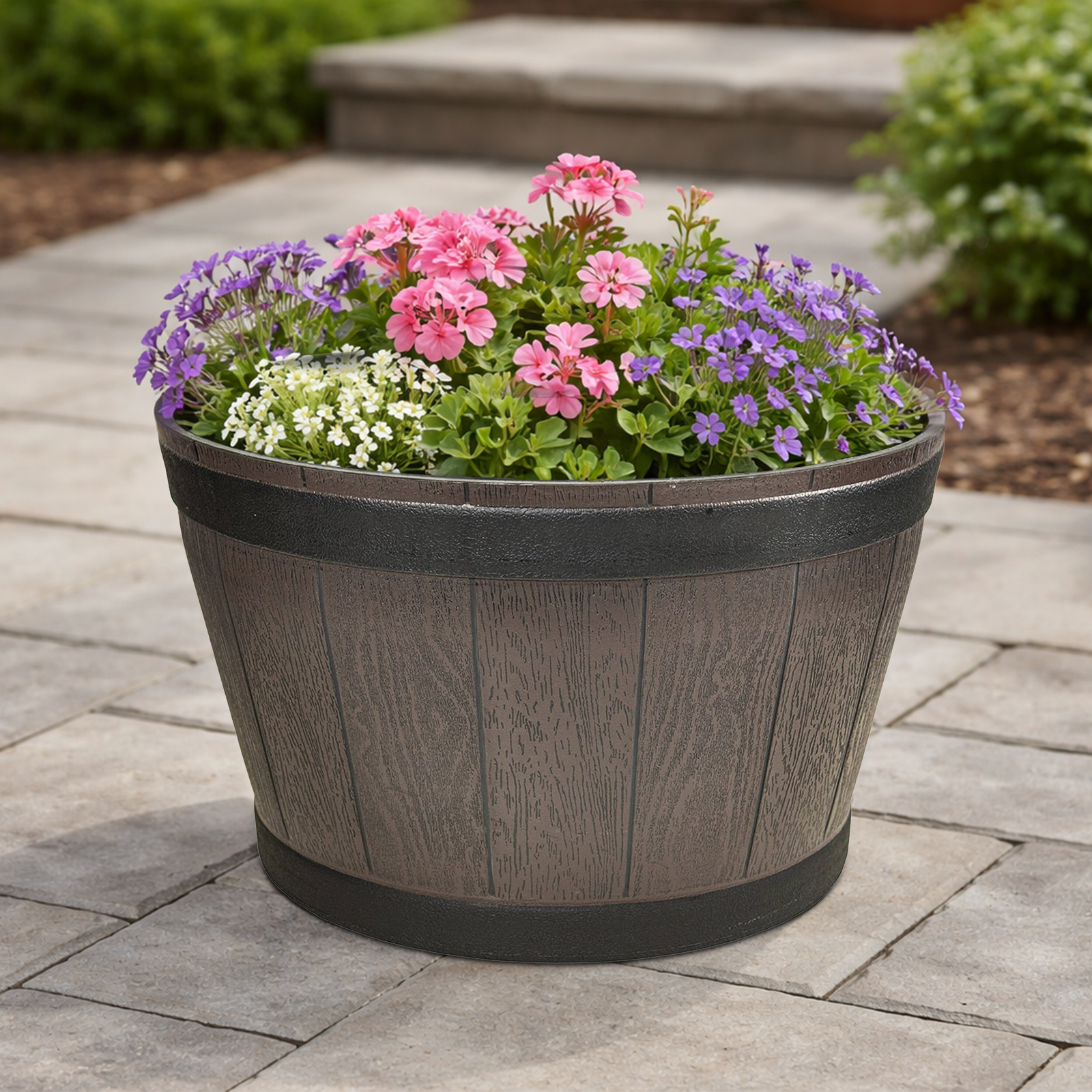 Eden resin whiskey barrel planter for outdoor plants, gardens and patios