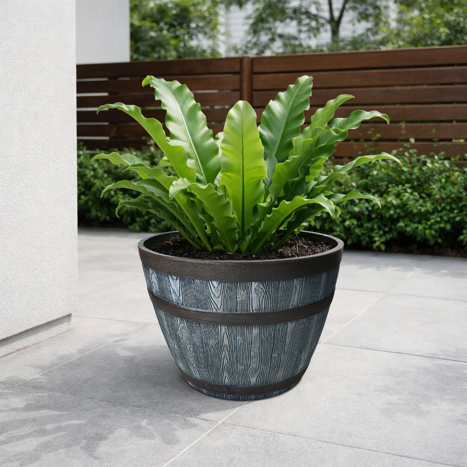 Eden grey and bronze whiskey half barrel planter for outdoor gardens and patios
