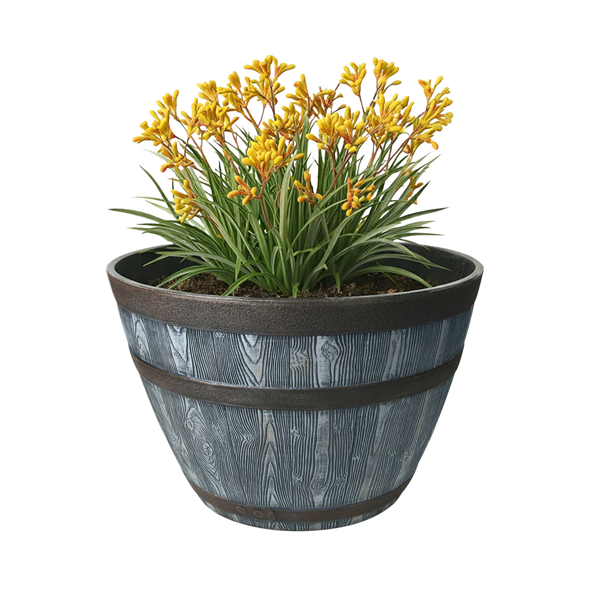 Eden grey and bronze whiskey half barrel planter for outdoor gardens and patios
