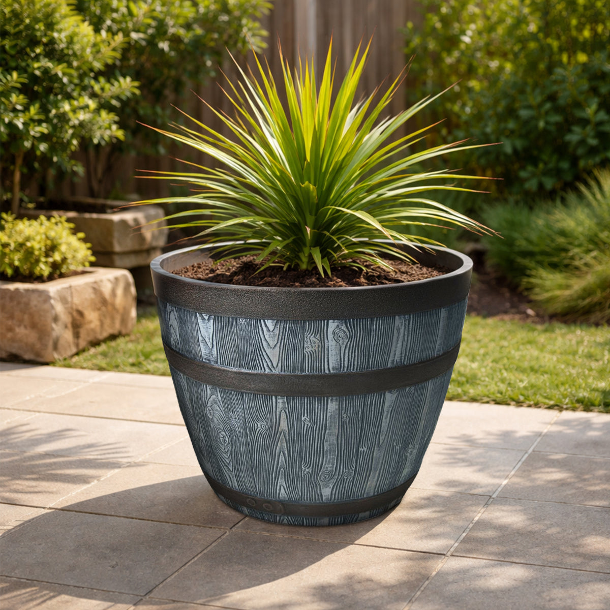 Eden grey and bronze whiskey half barrel planter for outdoor gardens and patios
