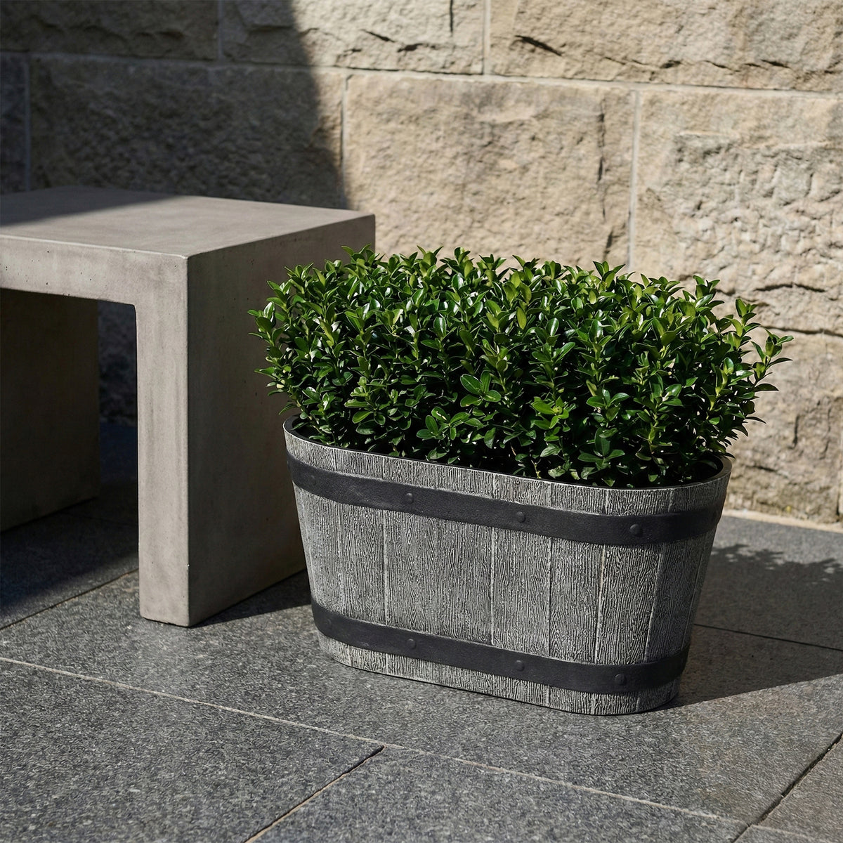 Eden 45cm grey and bronze whiskey trough planter suitable for indoor and outdoor plants