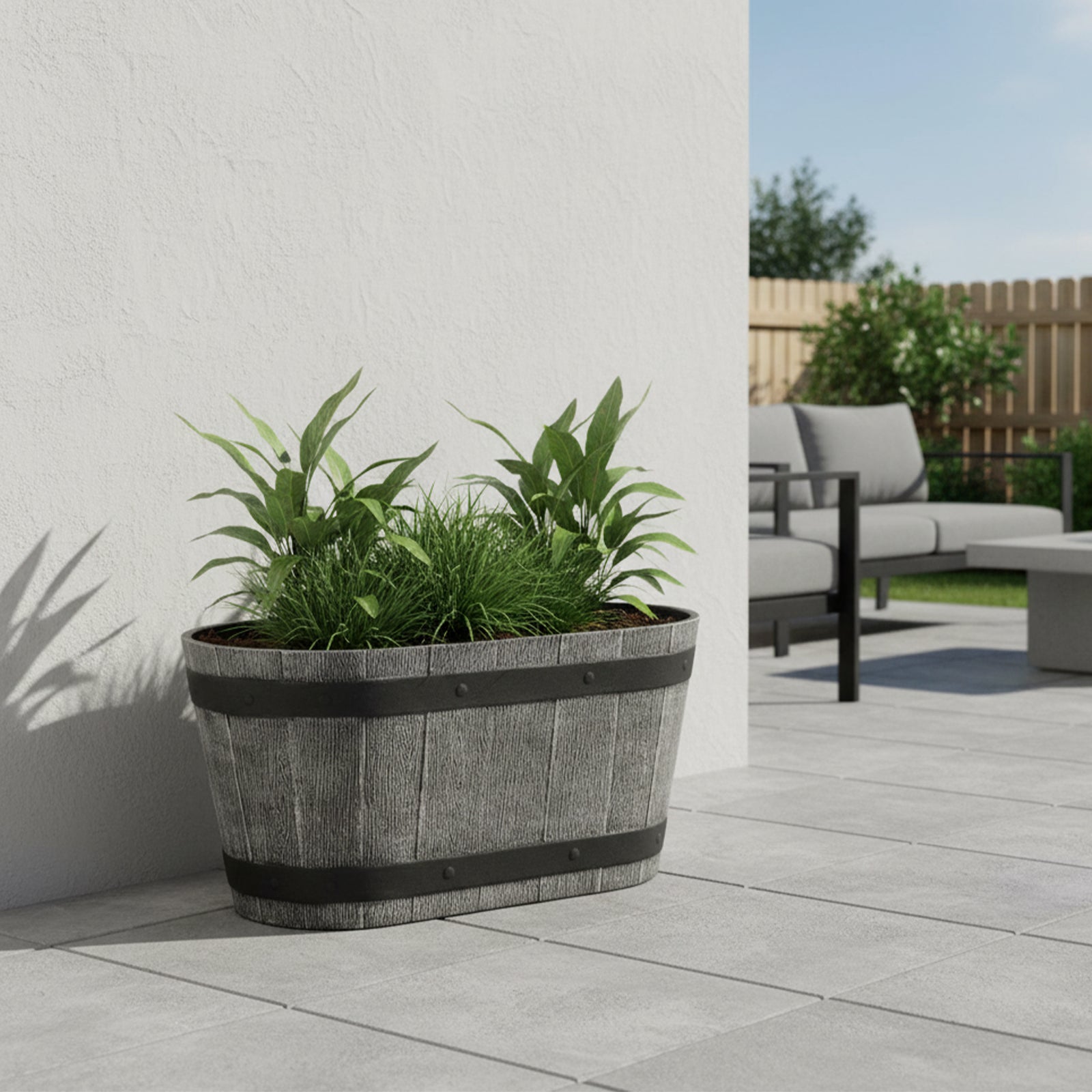 Eden 45cm grey and bronze whiskey trough planter suitable for indoor and outdoor plants