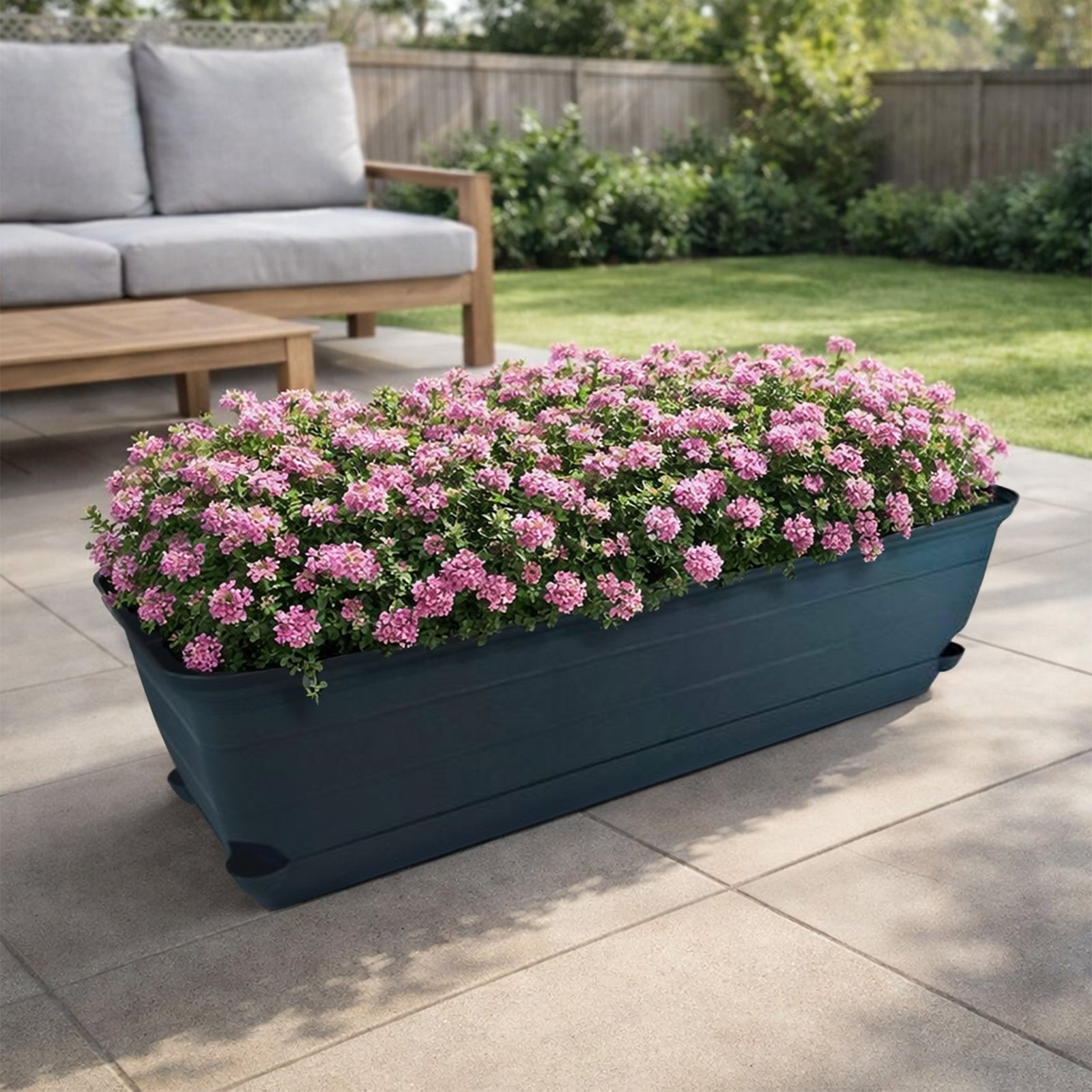 Eden charcoal Roman self-watering trough planter for patio and garden use