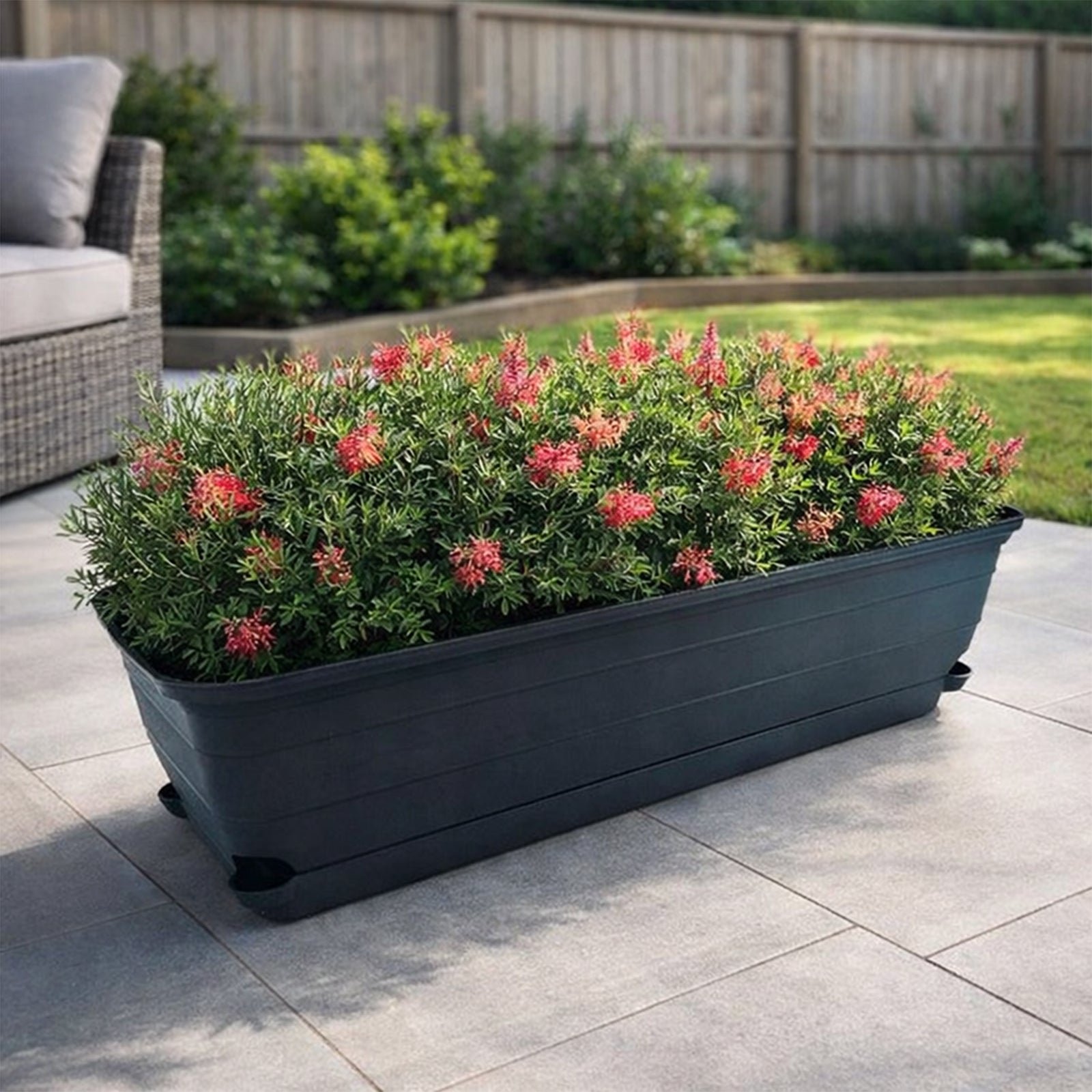 Eden charcoal Roman self-watering trough planter for patio and garden use