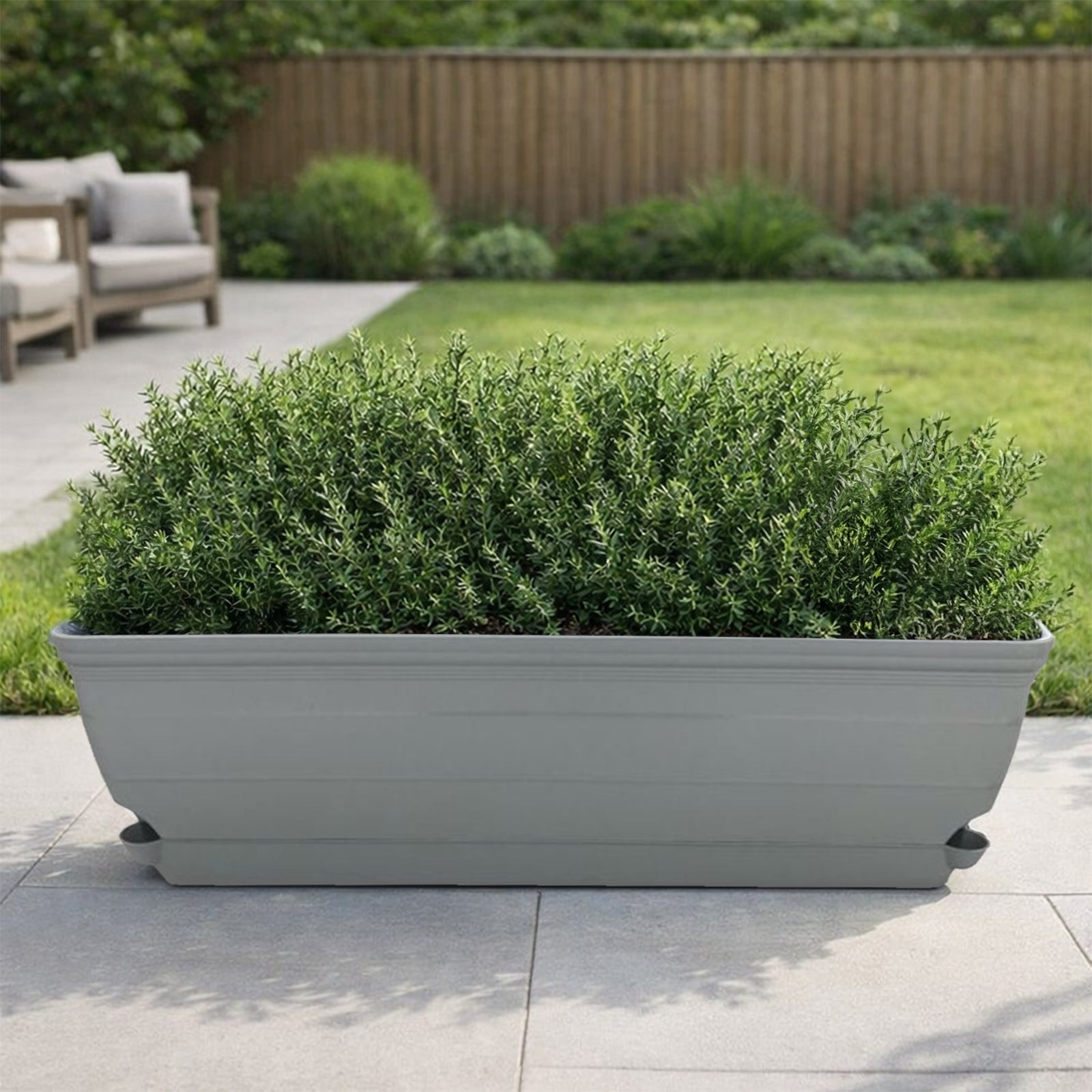 Eden grey Roman self-watering trough planter for outdoor garden planting
